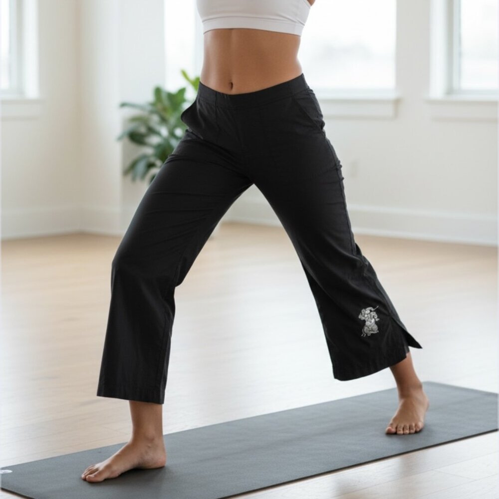 Be Present Yoga Pants Womens Black Wide Leg Lounge Pants Ganesha Embroidered